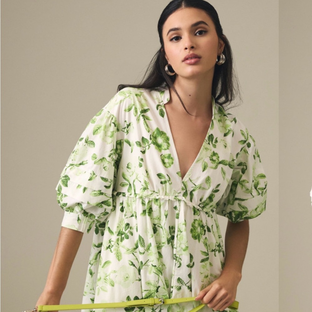 Floral Green and White Dress